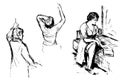 Vector set of three black and white sketches. Girls in clothes: sitting on the couch and reading, standing half turnover.